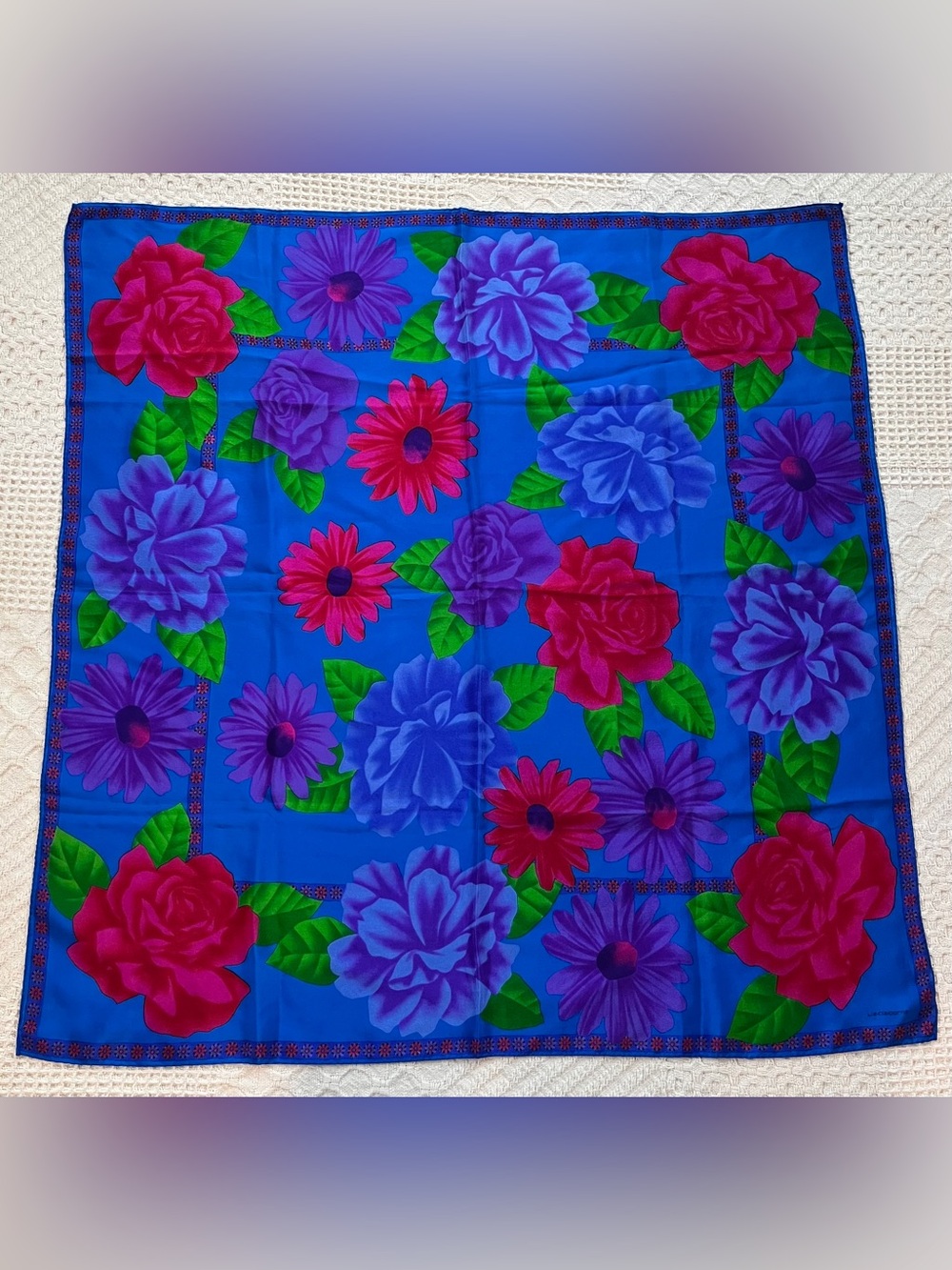 Vintage Liz Claiborne Floral Silk Scarf in Vibrant Blue & Pink